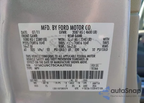 2012 Ford Escape Xls из США, поврежденный, VIN 1FMCU9C75CKA37032